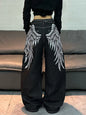American Retro Angel Wings Print Black Women's Loose Wide-Leg Jeans Y2K Street Hip-Hop Trend Versatile Straight Trousers