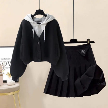 Hooded Zipper Top & Pleated Skirt Set Streetwear