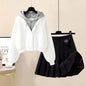 Hooded Zipper Top & Pleated Skirt Set Streetwear