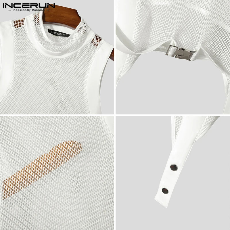 Fashion Casual Style Tops INCERUN Men Deconstruction Sleevelet Vests Sexy Buckle Mesh Splicing Half High Neck Cropped Tank Tops