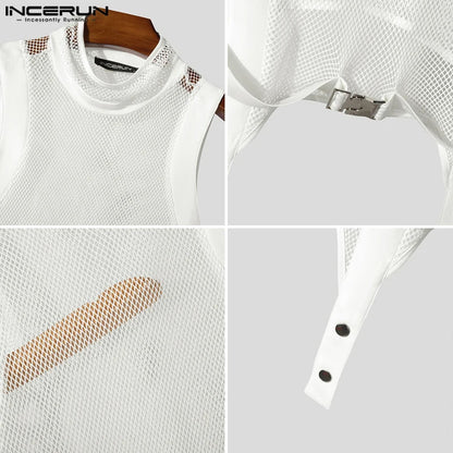 Fashion Casual Style Tops INCERUN Men Deconstruction Sleevelet Vests Sexy Buckle Mesh Splicing Half High Neck Cropped Tank Tops