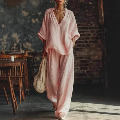 Fashion V Neck Short Sleeve Top Suit Women's Set Spring Summer Loose Blouse Top Wide Leg Trousers Female Vacation 2 Piece Set