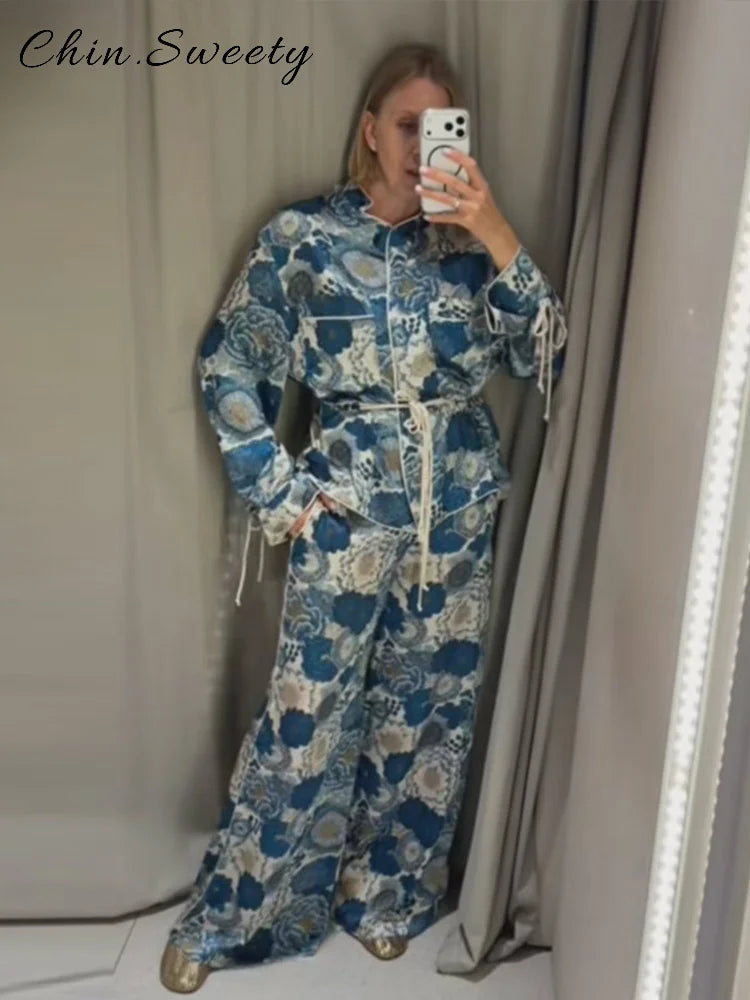 Casual Women's Printed Blouses Pant Set Loose Long Sleeve Lapel Lace