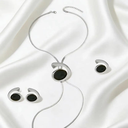 Elegant French Spiral Black Resin Stone /Imitation Baroque Pearl Jewelry Set Women Herringbone Chain Necklace Earrings Ring