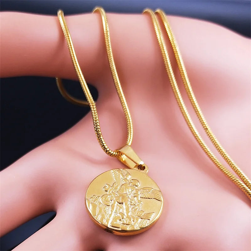 SAINT MICHAEL PROTECT US Archangel Stainless Steel Necklaces Chain Men/Women Gold Color Choker Necklace Jewelry Joyas NHH32