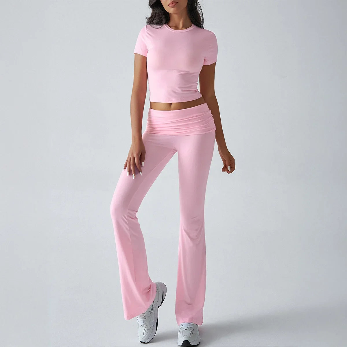Women's Sexy Tops Suits 2026 Summer Latest Casual Solid Color Yoga Suit Slim Fit Sports Short Sleeved Pants Two-Piece Set Outfit
