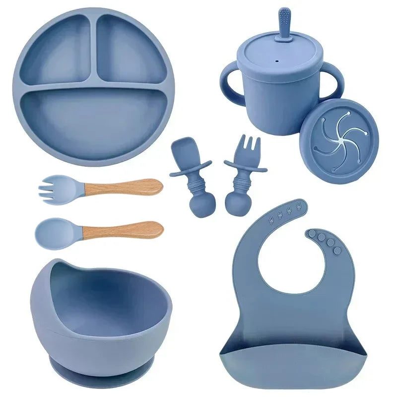 Food Grade Silicone Child Dish Set Baby Feeding Bowl Suction Plate Straw Cup Wooden Spoon Fork for Kids Tableware Toddler Dishes