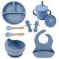 Food Grade Silicone Child Dish Set Baby Feeding Bowl Suction Plate Straw Cup Wooden Spoon Fork for Kids Tableware Toddler Dishes