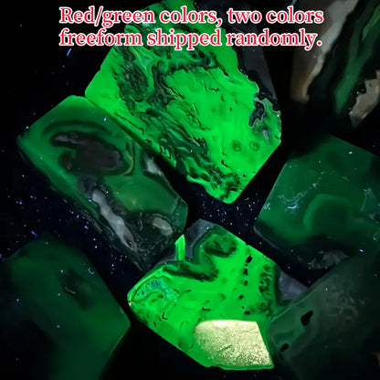 1pc Fluorescent Volcanic Agate Palm Specimen, UV Reactive Red & Green, Freeform Crystal with Black Spots, Home Decor