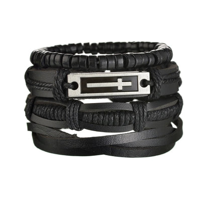 New Trendy Retro 4pcs/Set Bracelets & Bangles Men's Multilayer Black Leather Jewelry Charm Pulseiras Boyfriend Wristband