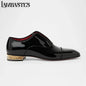 Gold Geometric Heel Patent Leather Mens Loafers Polished Glossy Upper Red Lining Formal Dress Shoes Embossed Gold Heel Loafers