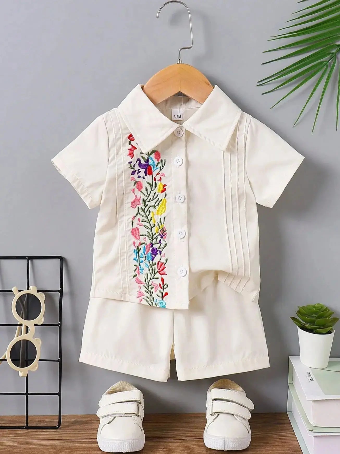 Baby Boy Beige Outfit, Floral Embroidery Collared Shirt & Shorts