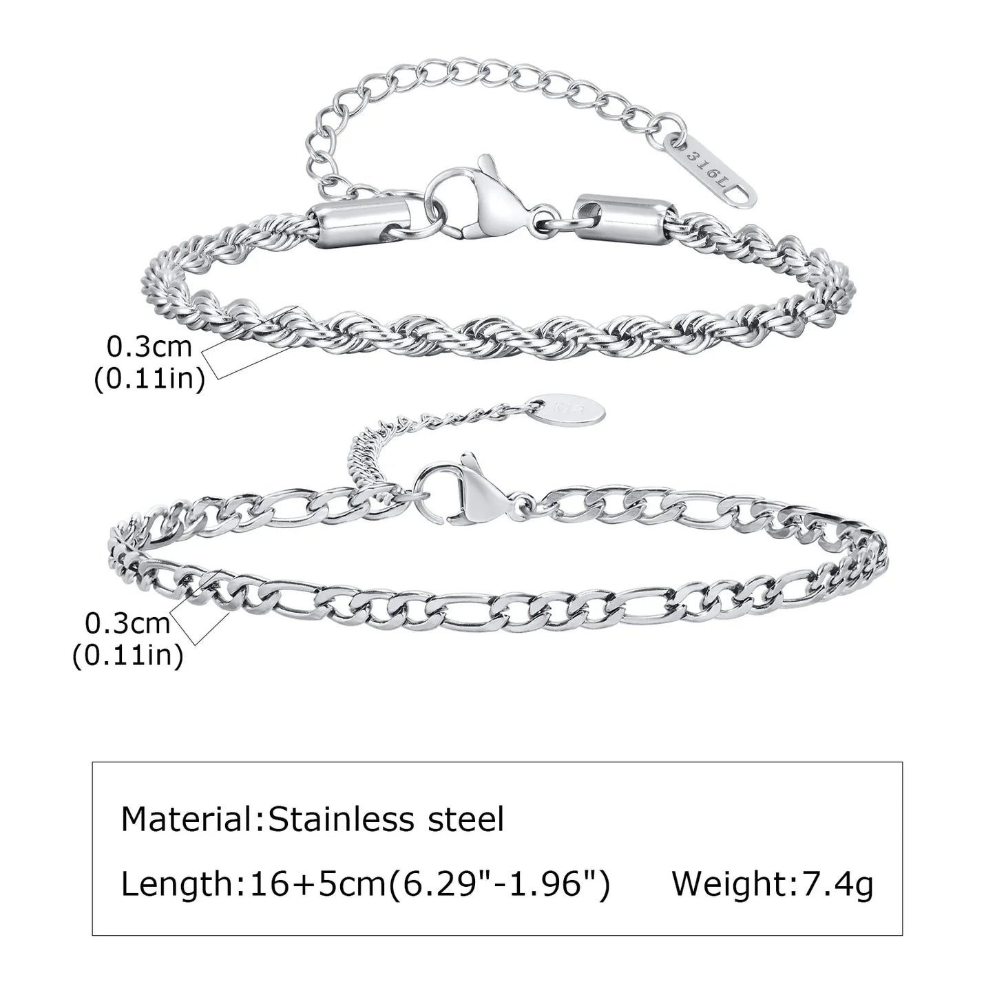 1/2/3pcs Chain Bracelet for, Stainless Steel Twisted Rope Cuban Chain