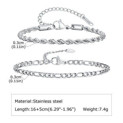 1/2/3pcs Chain Bracelet for, Stainless Steel Twisted Rope Cuban Chain