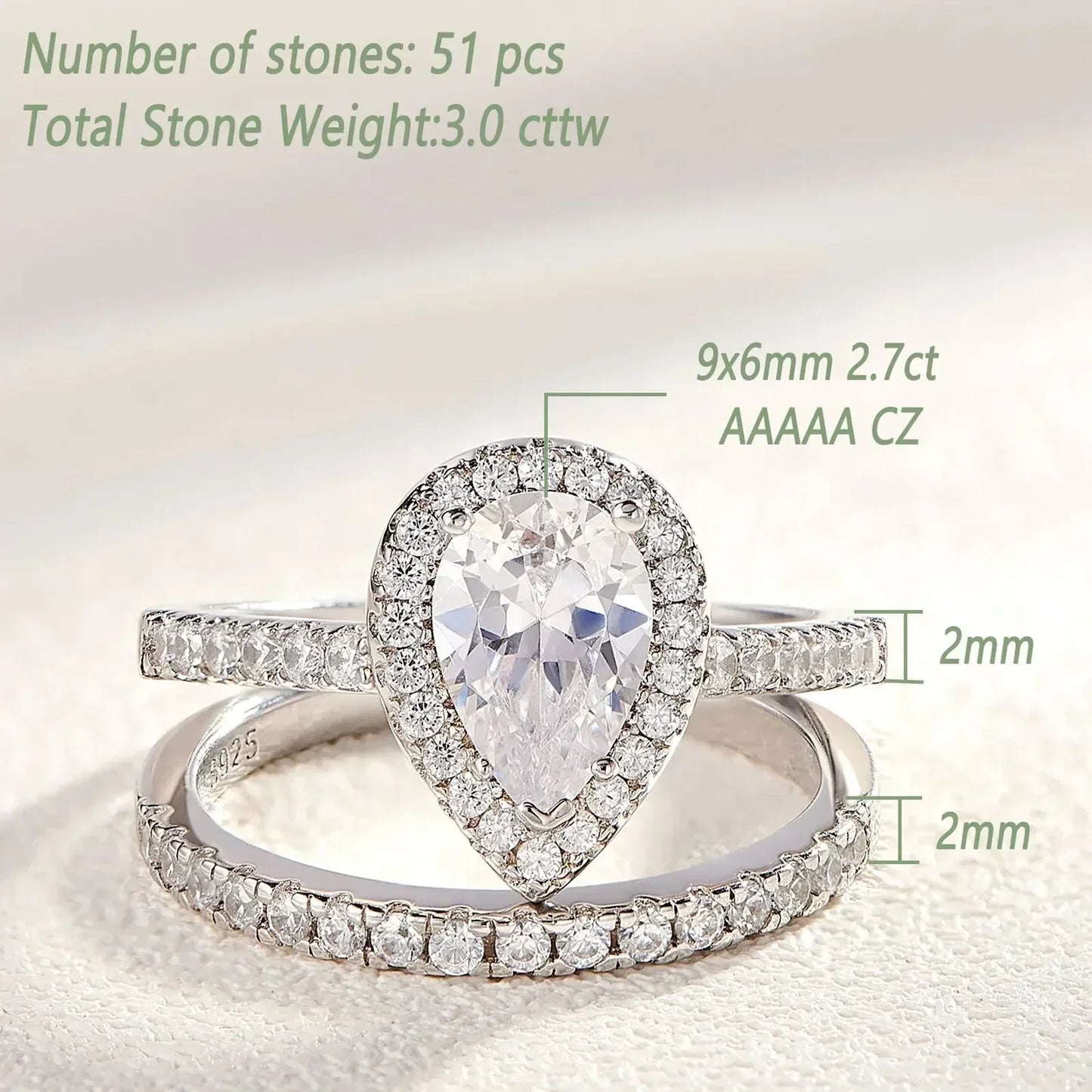 Newshe 2 Pieces Tear Drop Shape Engagement Ring Wedding Band for Women 925 Silver Bridal Jewelry High Grade Cubic Zircons