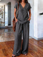 Loose Summer Trousers Set Solid Color Simple Daily Comfortable V-neck Short-sleeved Pullover Top Wide-leg Trousers Two-piece Set