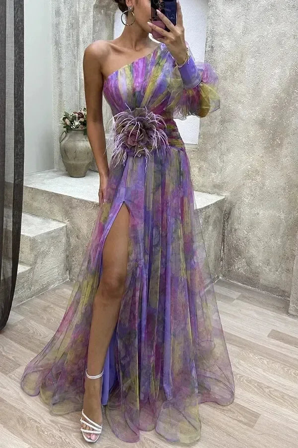 Elegant Oblique Shoulder Single-sleeve  Zipper High Slit Mesh Long Dress For Women Fashion Flower Decoration Party Dress Female