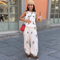 Casual Print Top Pants Women Set Elegant O-Neck Sleeveless Button Vest
