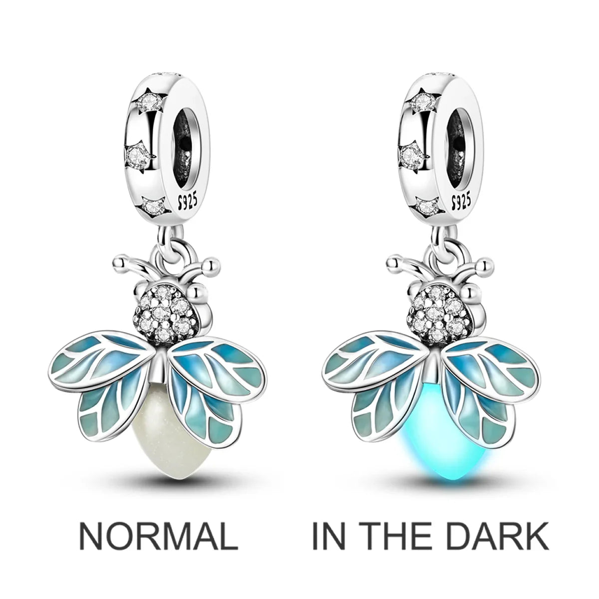Charms Bead 925 Sterling Silver Pink Butterfly Luminous Firefly Dangle