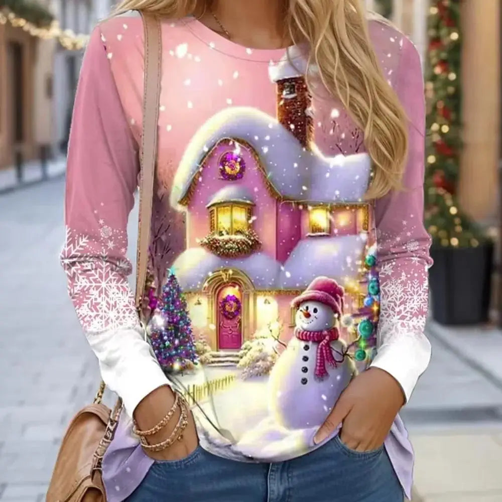 Women Sweatshirt Designer Round Neck Long Sleeve Fashion Casual Santa Claus Red New Year Graphic Print Tops