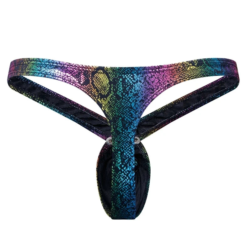 Snake-print Men PU Faux Leather Underpants Thong G String Sexy Underwear Lingerie Panties Low Waist Penis Pouch T-back Hombre