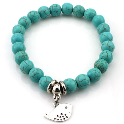 FTCY Women Bohemian Beaded Bracelet Fashion Turquoise Natural Stone Anti-Stress Yoga Geometric Pendant Elastic Cord Hand Chains