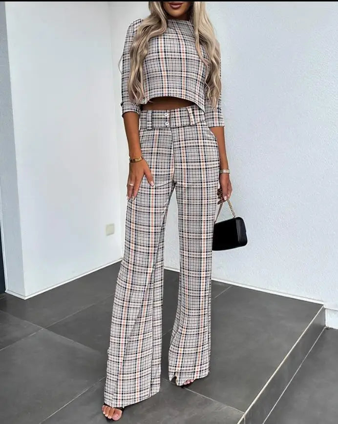 Casual Long Sleeve Shirt Pants Set Office Lady Spring Autumn Fashion