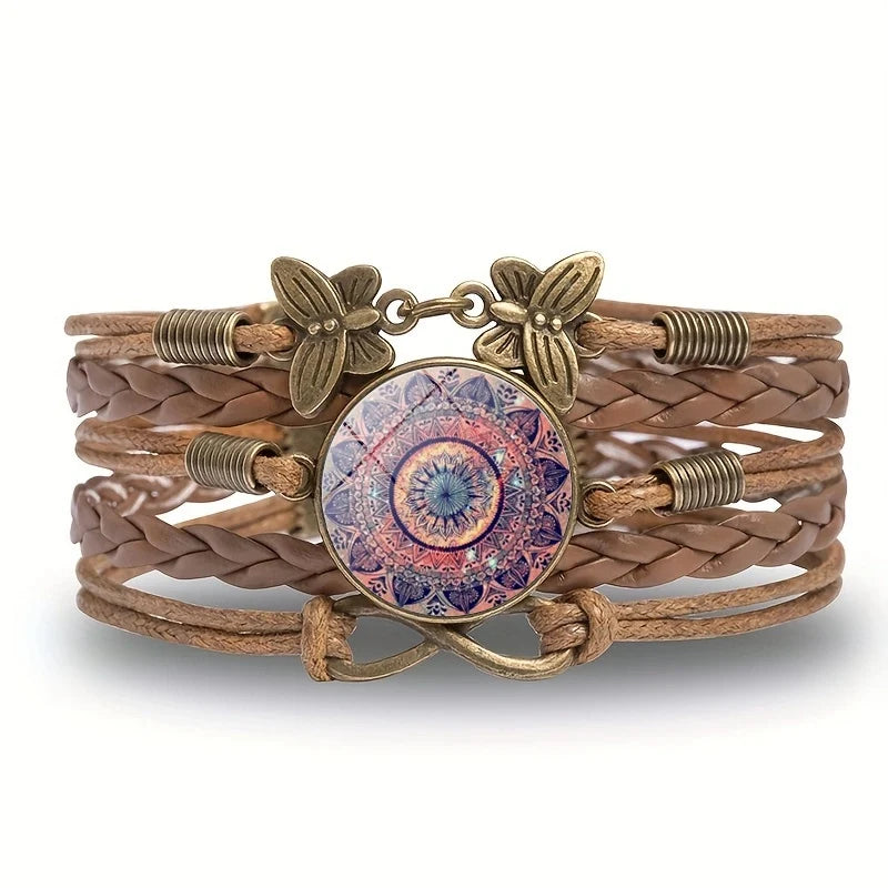 Classic Mandala Butterfly Infinity Charm Bracelet Vintage Multilayer Brown Woven Leather Bracelets For Women Men