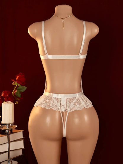 White Red Sexy Lace Underwear Erotic Hollow Bra Set Women Crotchless Bodysuit Transparent Deep V Open Bra Lingerie Set