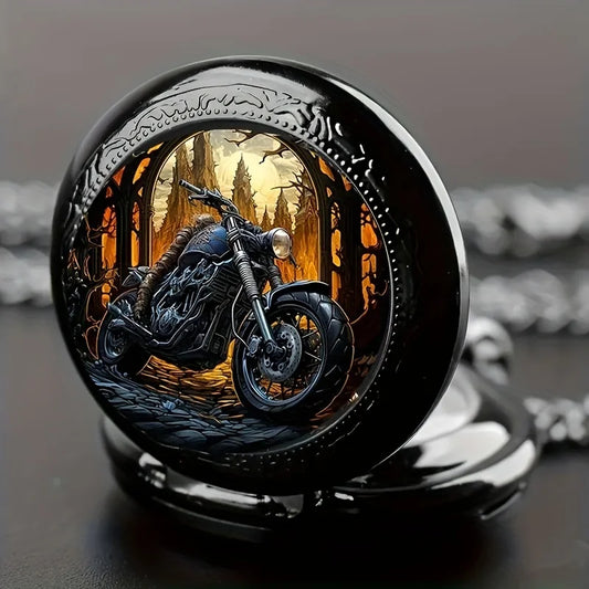 Vintage Black Motorcycle Quartz Pocket Watch, Necklace Pendant With World Time Feature,  Ideal Gift For Men & Women and Kids