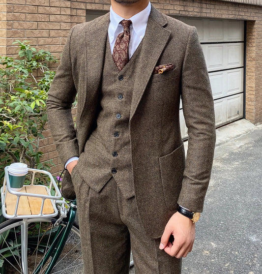 3 Pieces Men's Suits Tweed Herringbone Slim Fit Business Cauasl