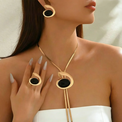 Elegant French Spiral Black Resin Stone /Imitation Baroque Pearl Jewelry Set Women Herringbone Chain Necklace Earrings Ring