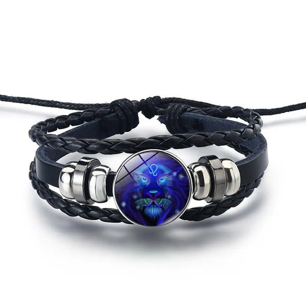 12 Constellation Gem Leather Bracelet Men Women Glass Bracelet