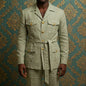 Mens Off White Linen Safari Suits 2 Piece Notched Lapel Prom Suit with Belt Gold Buttons Multi Pockets Beach Summer Wedding
