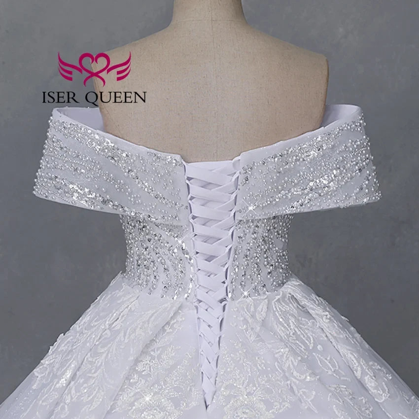 Customized America Fashion Deep V neck Luxury Wedding Dresses 2026 Off Shoulder Heavy Beading Bride Dress Ball Gown WX0465