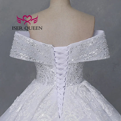 Customized America Fashion Deep V neck Luxury Wedding Dresses 2026 Off Shoulder Heavy Beading Bride Dress Ball Gown WX0465