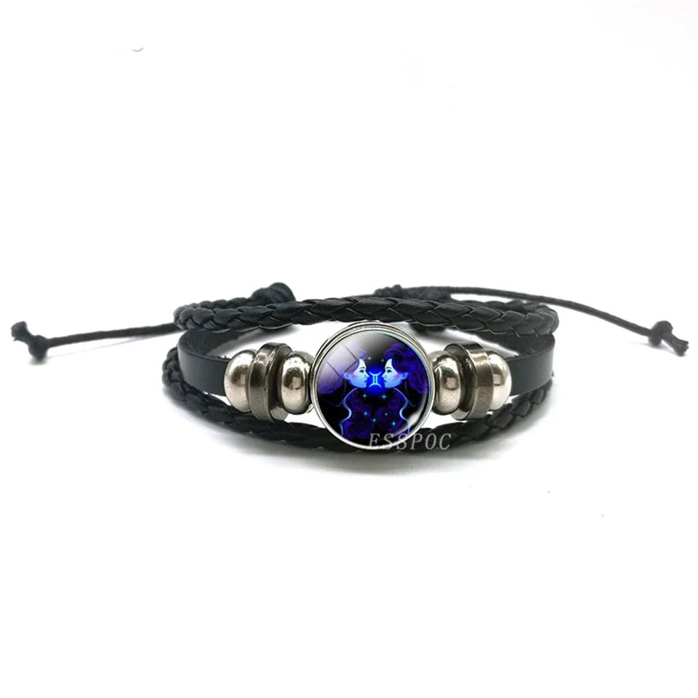 New Men 12 Constellation Black Braided Leather Bracelet Punk Style Zodiac Sign Multilayer Weave Wrap Bracelet For Birthday Gifts