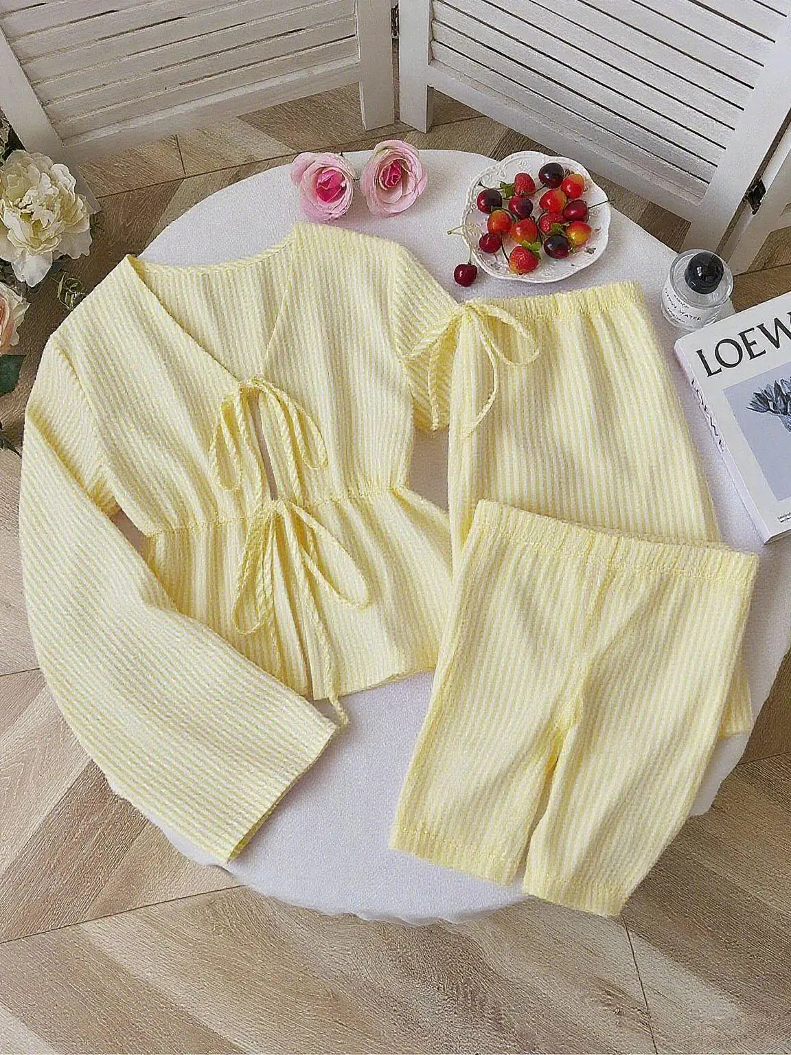 Summer Two Piece Set Women Striped V Neck Lace Up Sleeveless Blouse