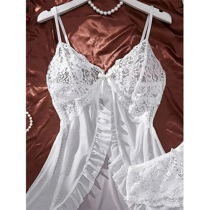 A Set Of Tulle Ultra Sexy Nightgown V-neck Bra Open Sleep Skirt Night Erotic Dress Woman Sheer Pajamas Lingerie Pants Luxury kit