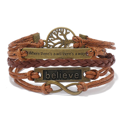 Brown Believe Tree of Life Infinity Charm Faux Leather Bracelet