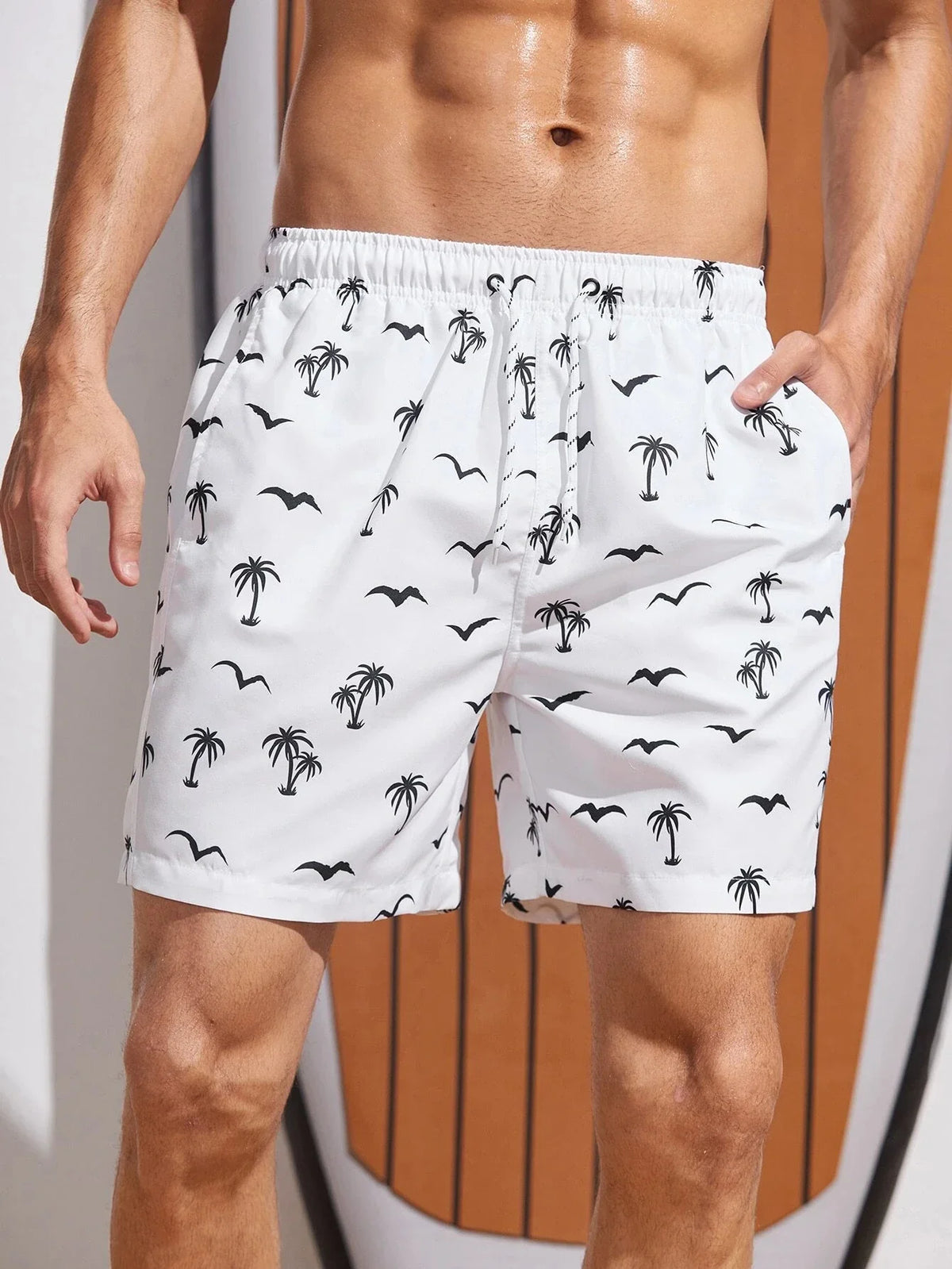 Men's Board Shorts Swim Shorts Swim Trunks Drawstring Elastic Quick Dry Short Beach Hawaiian Casual Black White Micro-elastic