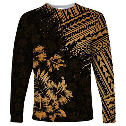 2024 new men's long-sleeved t-shirt 3d printed Polynesian flower print men's autumn tops casual round neck street t-shirt