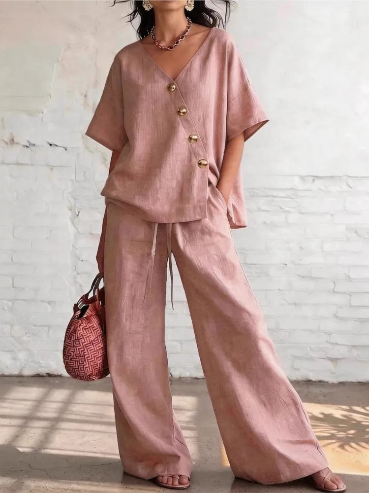 Casual Loose Pants Sets Women Summer Fashion Short Sleeve V-Neck Tops