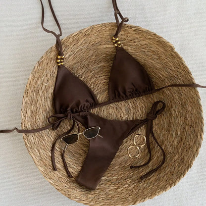 Brown Beaded Triangle Bikini Swimsuit Set