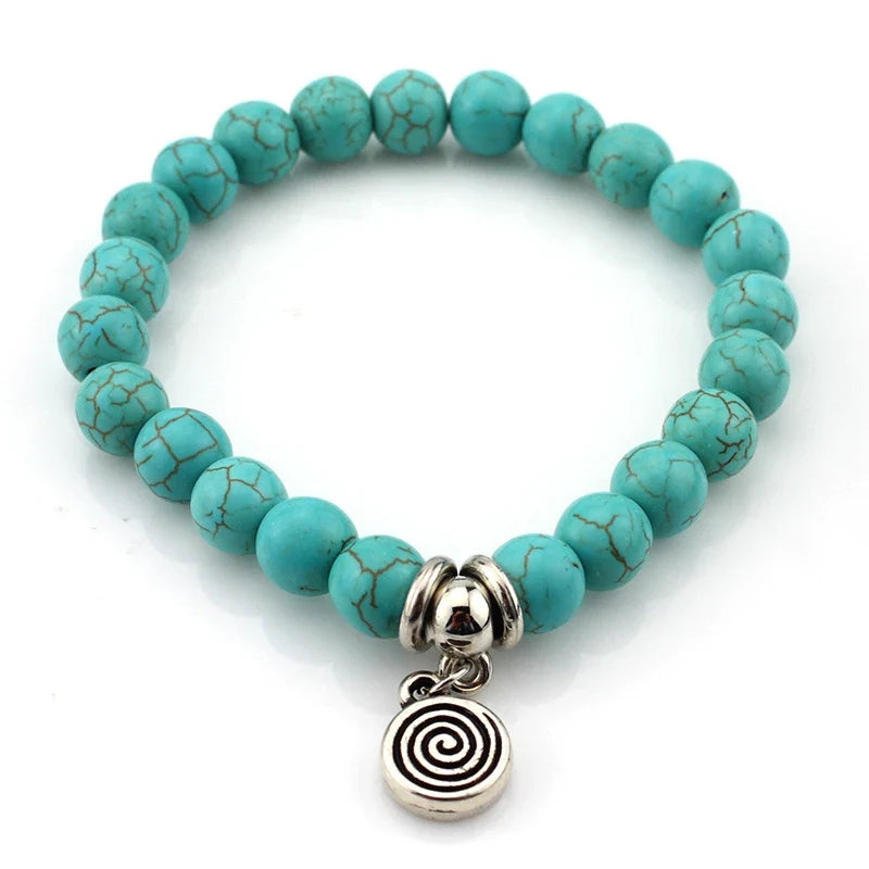 FTCY Women Bohemian Beaded Bracelet Fashion Turquoise Natural Stone Anti-Stress Yoga Geometric Pendant Elastic Cord Hand Chains