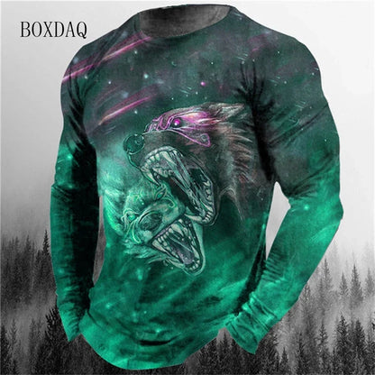 3d Animal Wolf Pattern Print Men's T-shirts Spring Autumn Long Sleeve Street Style Cotton Oversized Tops Loose Casual O-Neck Tee