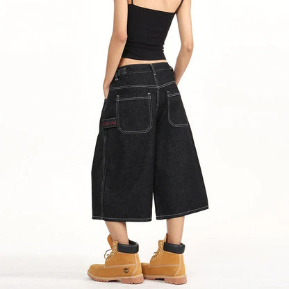 American Retro Baggy Wide Leg 3/4 Length Jean Women Y2K Vintage Spring