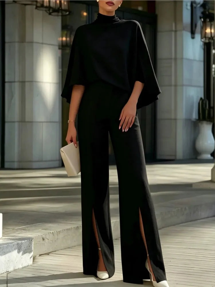 Autumn Women's Half Turtleneck Shawl Top Fashion Slit Wide Leg