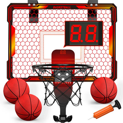 Mini Indoor Basketball Hoop with 7 LED Lights Scoreboard 3 Play Modes Adjustable Volume over Door Foldable for Kids Adults
