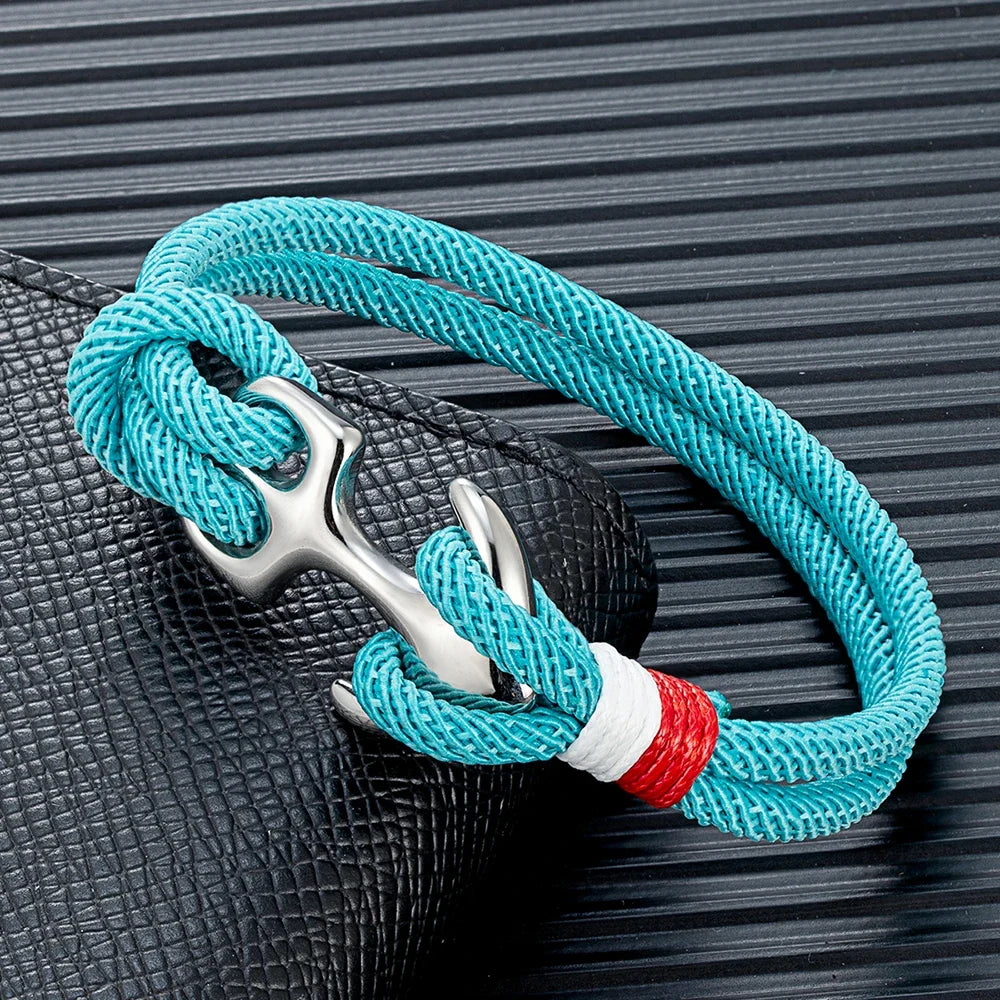 MKENDN Creative Contrast Double Strand Anchor Bracelets Men Women Nautical Survival Rope Bracelets Stainless Steel Anchor Buckle